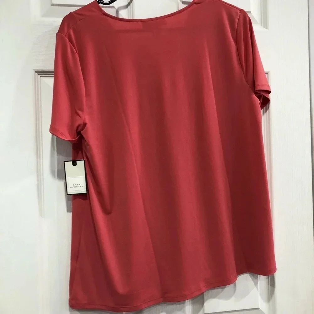 Dana Buchman Blouse Shirt L Release Pleat Coral Pink Orange NWT